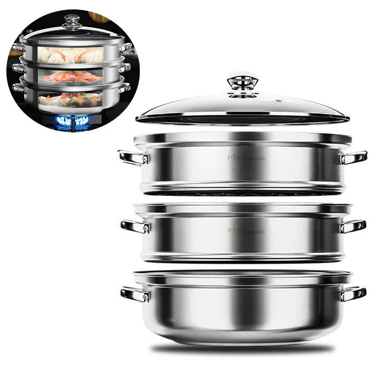 Skanto | Stainless Steel 3-Tier Steamer with Handles and Glass Lid – Healthy, Efficient Cooking