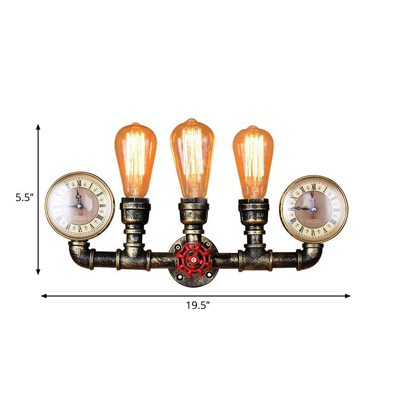 BowLift | Antique Brass Pipe Wall Lamp Rustic Stylish 3 Heads Wrought Iron Wall Lamp Fixture with Manometer and Valve Deco