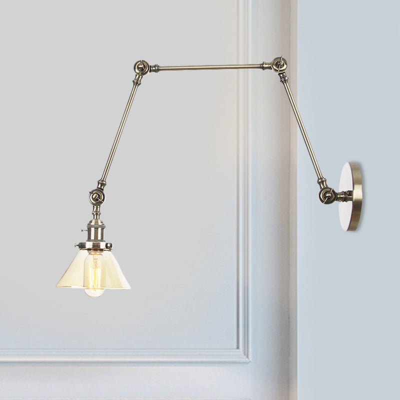 BowLift | 1 Light Wall Lamp Industrial Cone Clear/Amber Glass Wall Lamp in Black/Bronze/Brass with Adjustable Arm, 8“+8"/8"+8"+8" Long