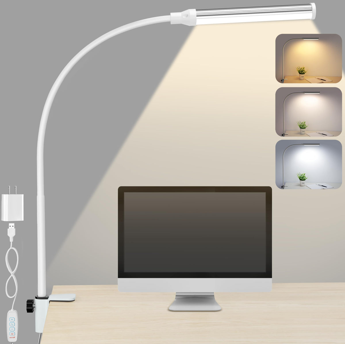 Skanto | Shinetech LED Desk Lamp for Home Office, Eye-Friendly Desk Light with Clamp, 3 Colors Stepless Brightness Adjustable Flexible Gooseneck