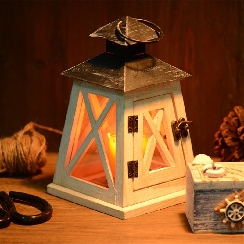 Rustic Distressed Wood Lantern Candle Holder with Glass Panels and Metal Roof Acalora