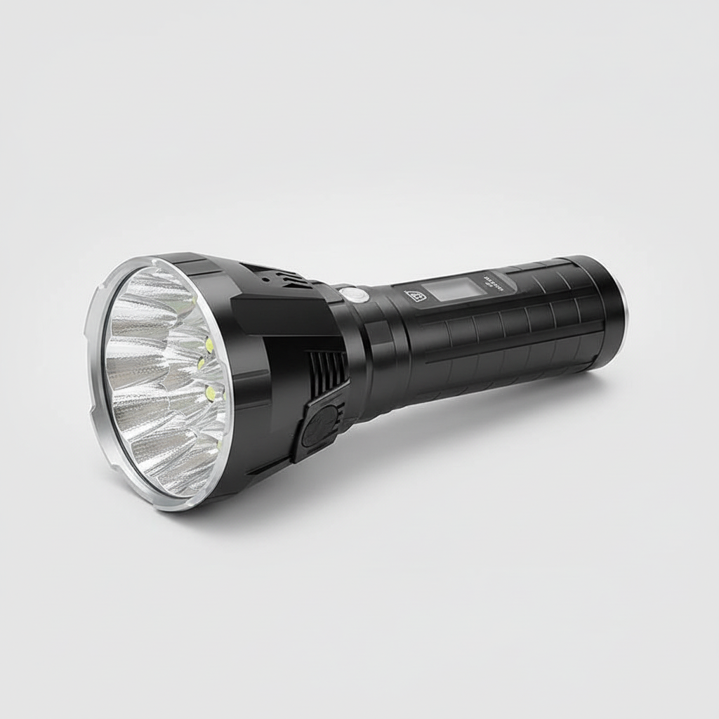 Brehn | MS18 High-Performance LED Flashlight | 100,000 Lumens | 18x Cree XHP70 2.0 LEDs | 2.3 km Range | IP56 Waterproof | OLED Status Display | Incl. Battery Pack