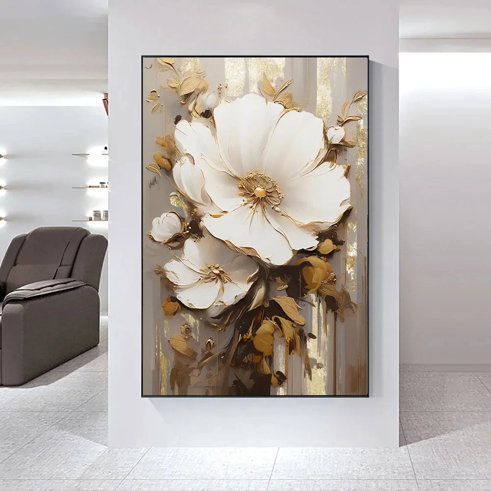 Modern Abstract White Floral Wall Art Fine Art Canvas Prints Bright Luxury Botanical Pictures For Living Room Entrance Hallway Wall | Karnz