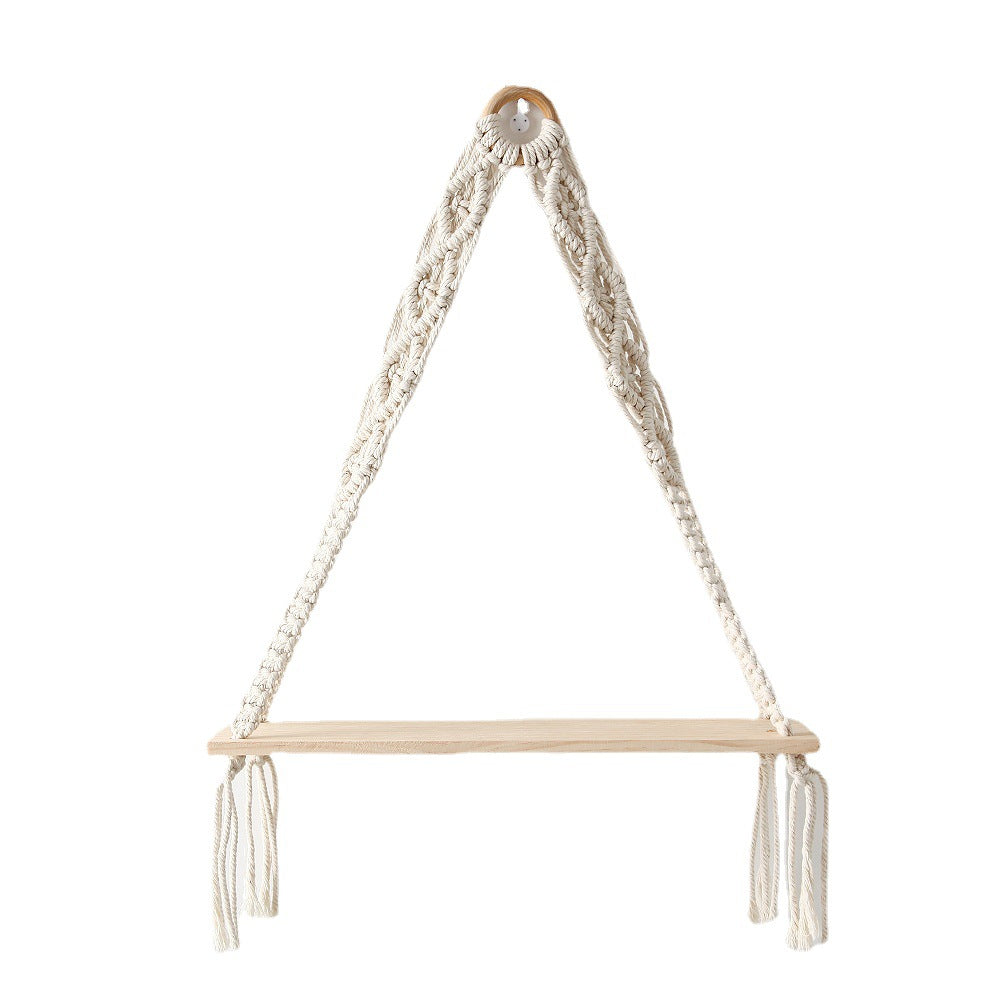 Macramé Hanging Shelf with Natural Wooden Plank Acalora