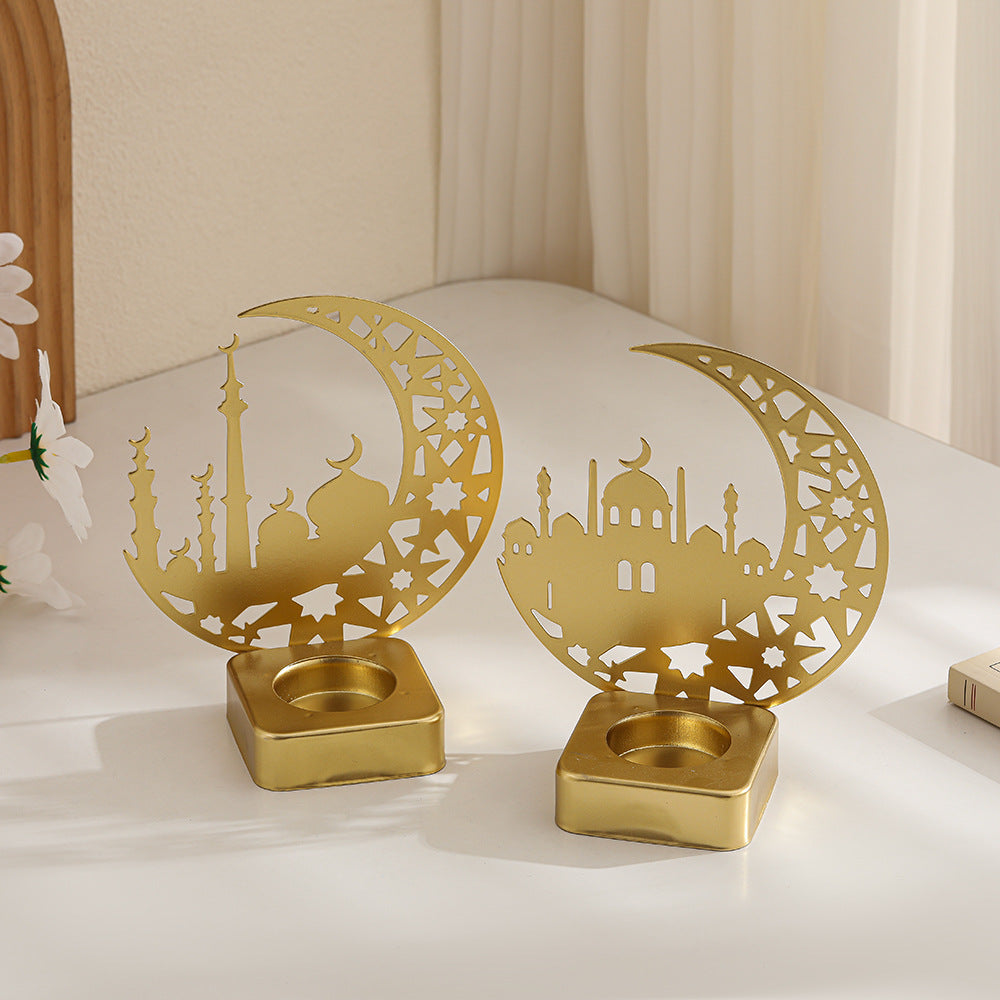 Crescent Silhouette Mosque Tea Light Lantern with Filigree Metal Base Acalora