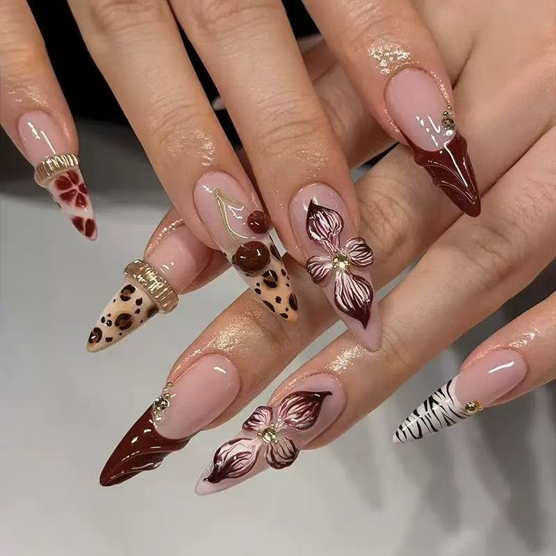 Elegant Stiletto Press-On Nail Art Set with Floral and Animal Prints Acalora
