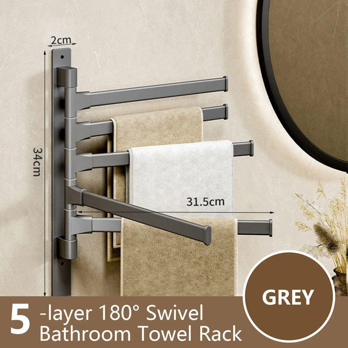 BowLift | Bathroom Towel Holder Rotatable Towel Rack Space Aluminum 1/2/3/4/5-Bar Towel Holder Kitchen Shelf Kitchen Hanging Shelf Wall Mounted