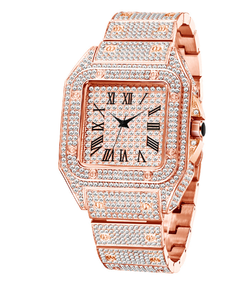 Karnz | MISSFOX Ice Out Square Men's Watch | 18K Gold Nano-Vacuum Plating | Swiss Quartz Movement | Fully Set with Lab Diamonds | Stainless Steel Case | Water Resistant 3 ATM