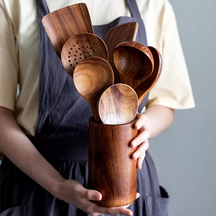 Sustainable Teak Wood Kitchen Utensils Set - Eco-Friendly Cooking Accessories | Kalsten