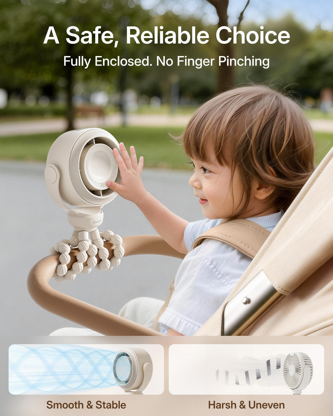 Portable Stroller Fan, Pinch-Proof Baby Fan, 10H Battery, 5-Speed | Kalsten