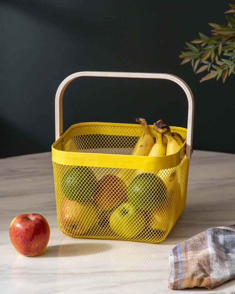 BowLift | Square Metal Storage Basket with Wooden Handle - Yellow - Set of 2