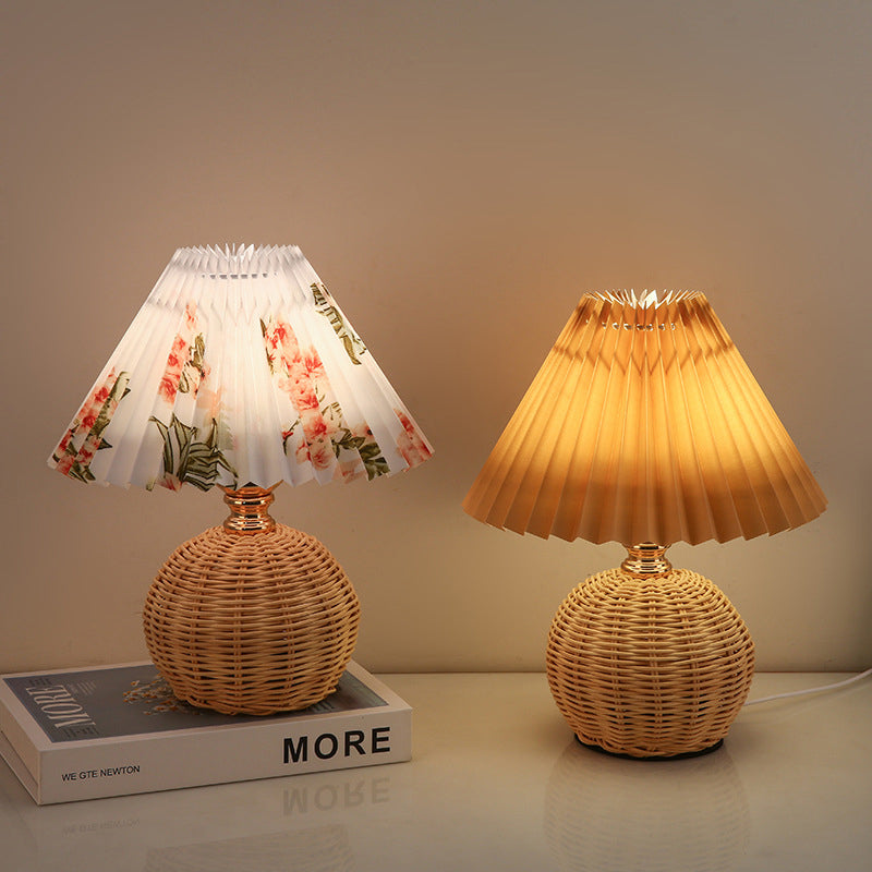 RattaLume Nordic LED Table Lamp | Woven Rattan & Foldable Fabric Shade | Mood Light | Decor for the Bedroom | Kalsten