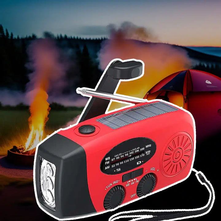 Emergency radio FM/AM with integrated solar cells, flashlight, power bank & hand crank | Kalsten