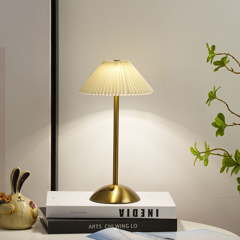 Contemporary Scandinavian rechargeable iron fabric cone pleated LED table lamp for bedside | Kalsten
