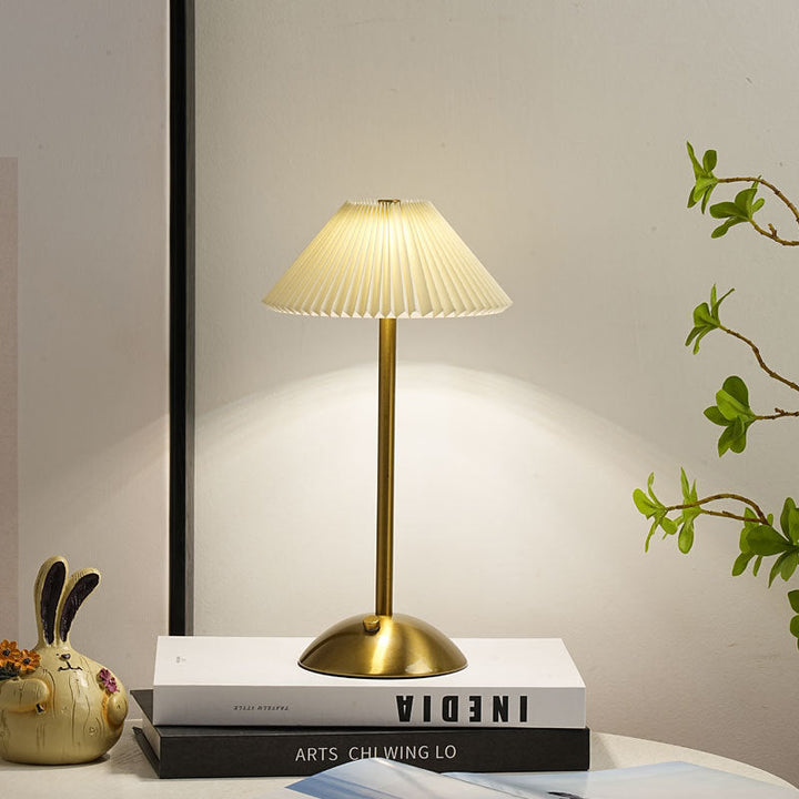 Contemporary Scandinavian rechargeable iron fabric cone pleated LED table lamp for bedside | Kalsten