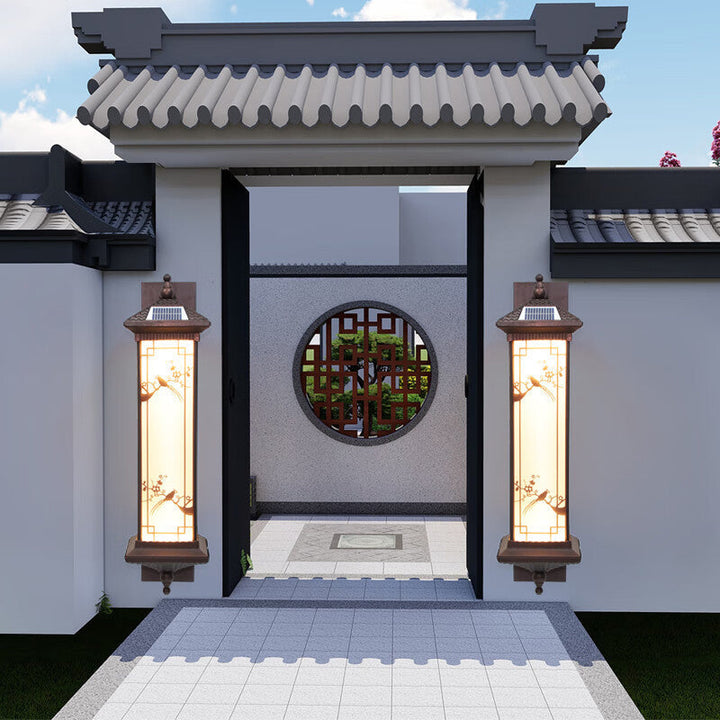 Traditional Chinese Rectangular Aluminum Glass Solar LED Wall Sconce Lamp For Garden | Kalsten