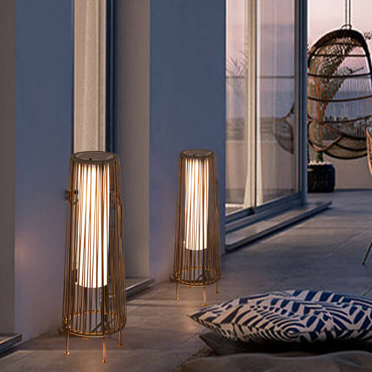 Modern Minimalist Solar Waterproof Round Vertical Pull Strip Iron Rattan LED Standing Floor Lamp For Outdoor Patio | Kalsten