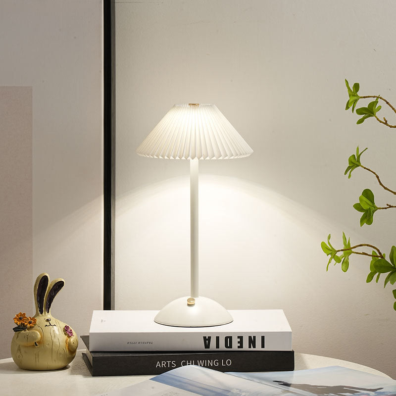 Contemporary Scandinavian rechargeable iron fabric cone pleated LED table lamp for bedside | Kalsten