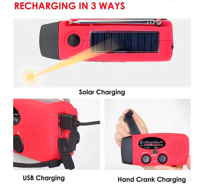 Emergency radio FM/AM with integrated solar cells, flashlight, power bank & hand crank | Kalsten