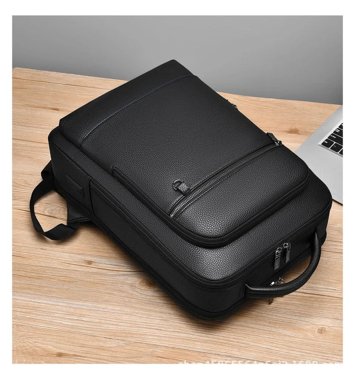 Kalsten | Elegant leather rucksack for men/women with USB port for laptop and everyday use, 15.6 inch, black