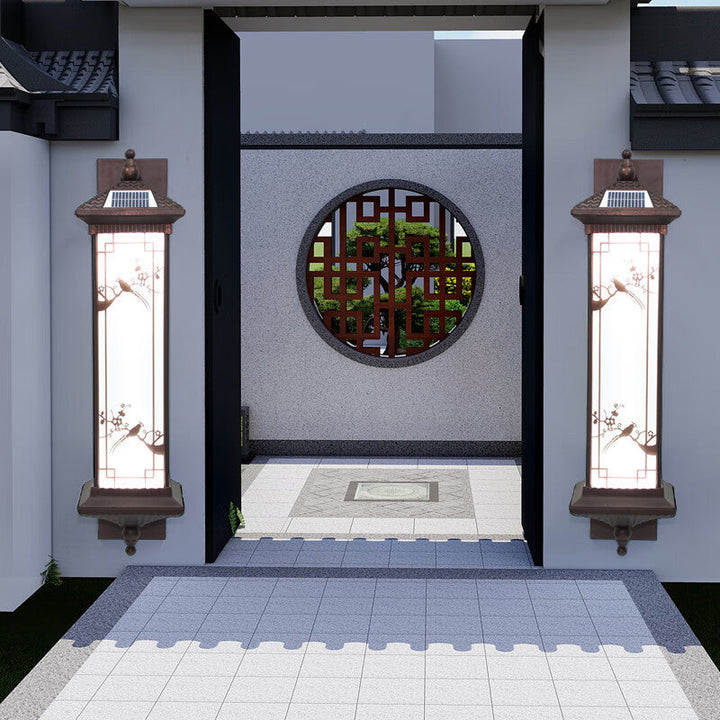 Traditional Chinese Rectangular Aluminum Glass Solar LED Wall Sconce Lamp For Garden | Kalsten