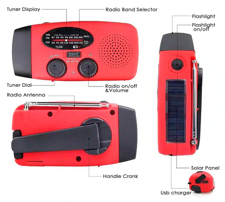 Emergency radio FM/AM with integrated solar cells, flashlight, power bank & hand crank | Kalsten