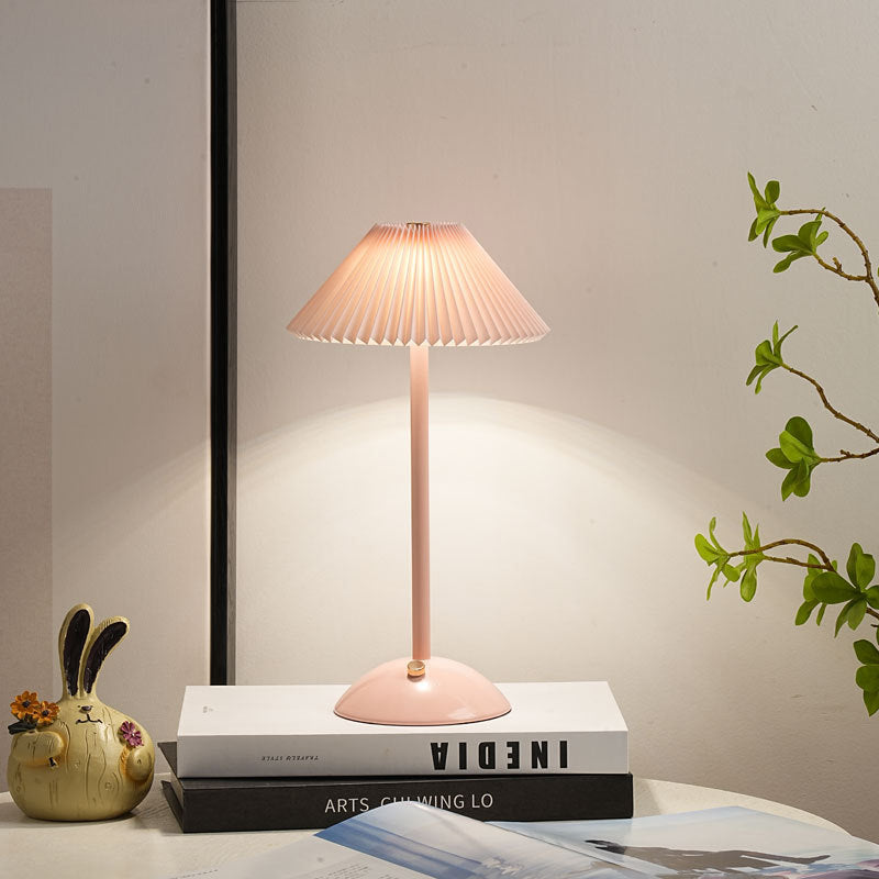 Contemporary Scandinavian rechargeable iron fabric cone pleated LED table lamp for bedside | Kalsten