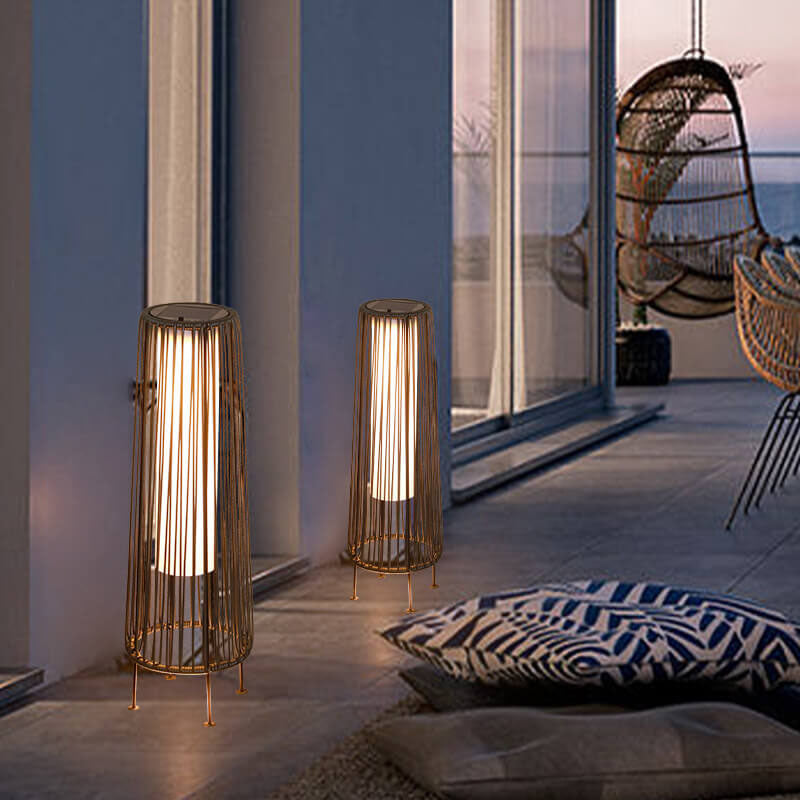 Modern Shabby Chic Solar Round Trapezoidal Iron Rattan Wicker LED Outdoor Light For Outdoor Patio | Kalsten