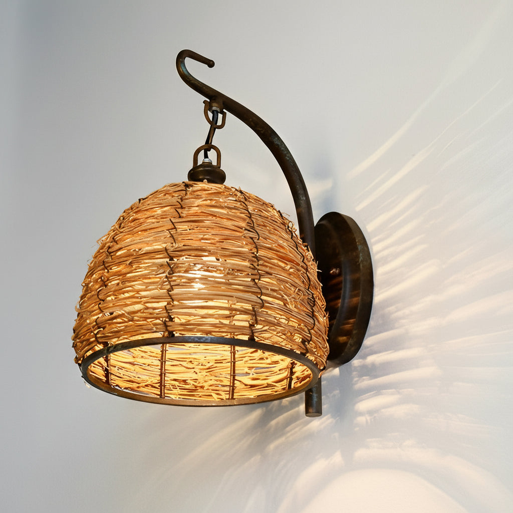 LED Wall Sconce Light – Boho Hand-Woven Rattan Iron (33x20cm / 13.0x8.0in) | Kalsten