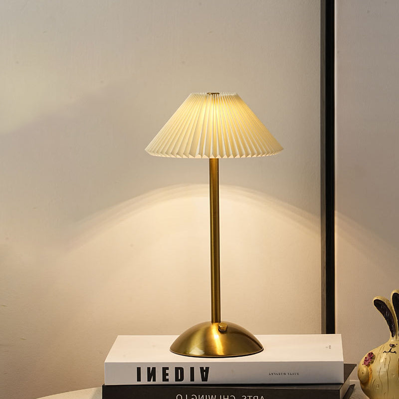 Contemporary Scandinavian rechargeable iron fabric cone pleated LED table lamp for bedside | Kalsten