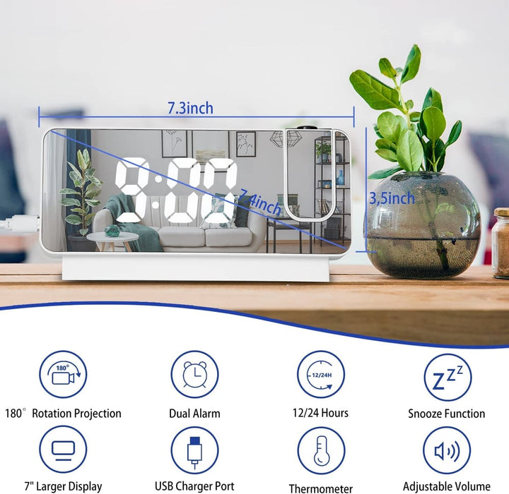Kalsten | Projection Alarm Clock | LED Display with Mirror Surface | Dual Alarms & Temperature | 19cm