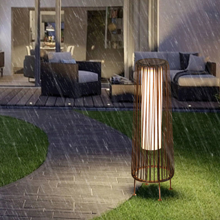 Modern Minimalist Solar Waterproof Round Vertical Pull Strip Iron Rattan LED Standing Floor Lamp For Outdoor Patio | Kalsten