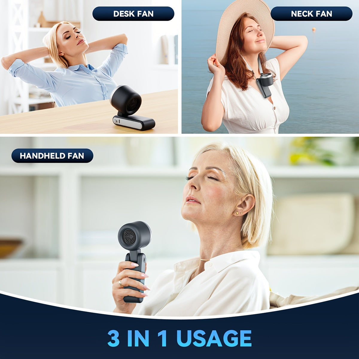 12-Hour Turbo Handheld Fan with LED Light - 5-Speed Battery-Operated Cooling Fan, 3-in-1 Air Turbo Technology - Compact Design for Outdoor, Travel, and Daily Use | Brehn
