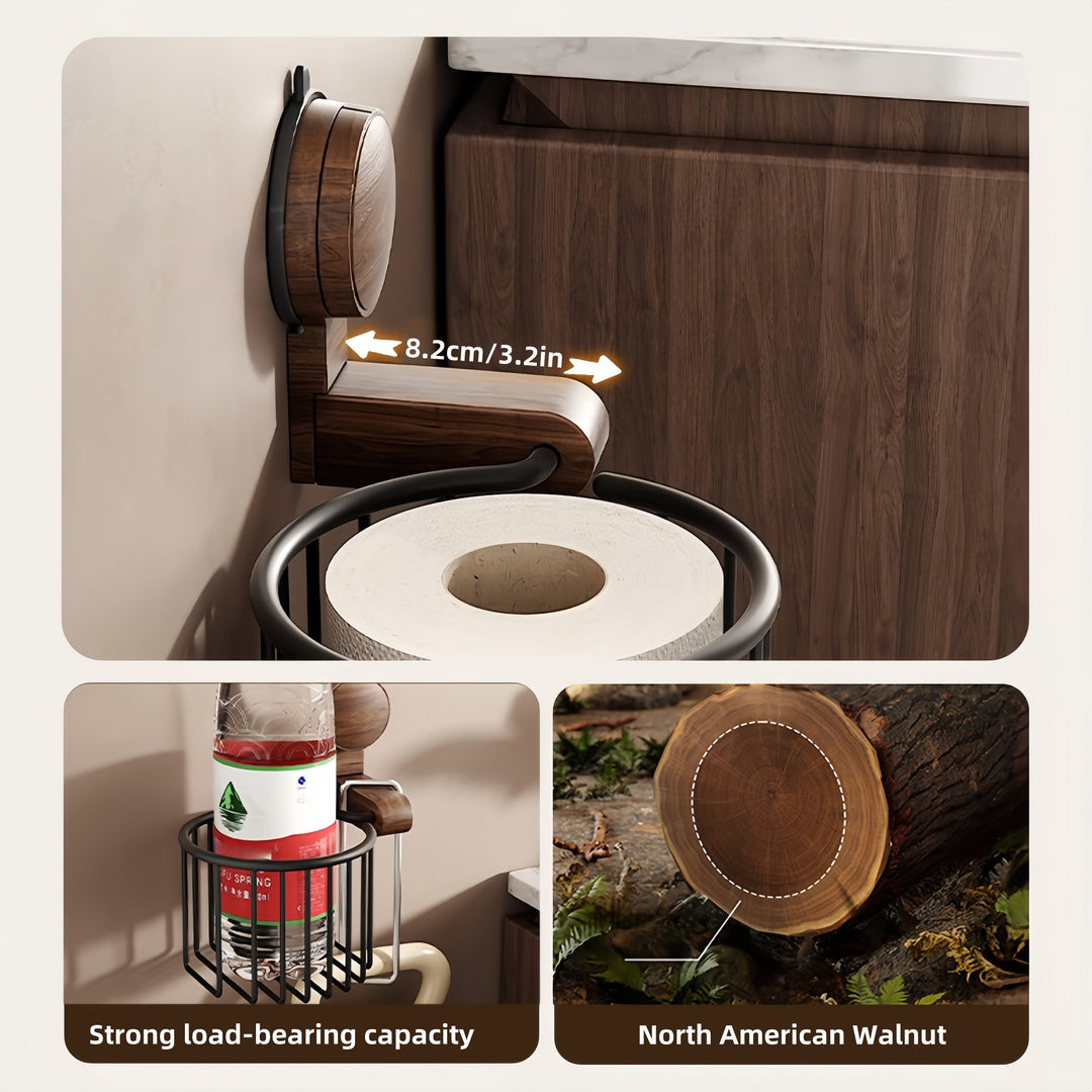 Walnut Wood Toilet Paper Holder – No Drill with Suction Cup | Kalsten