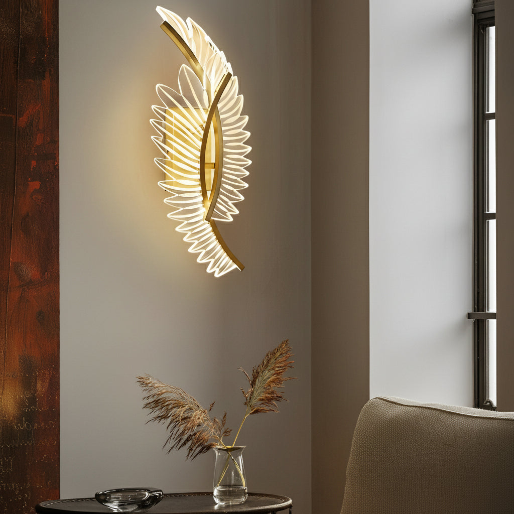LED Wall Sconce Light – Modern Acrylic Feather Copper Leaf (40x15cm / 15.7x5.9in) | Kalsten
