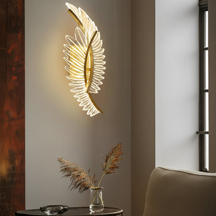 LED Wall Sconce Light – Modern Acrylic Feather Copper Leaf (40x15cm / 15.7x5.9in) | Kalsten