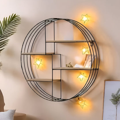 Round Wall Shelf with 4 Tiers – Retro Design made of Wood & Metal | Decorative Hanging Shelf for Living Room, Bathroom & Bedroom | Karnz