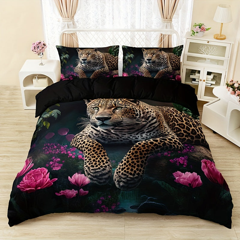 Luxurious Animal Print Bedding Set with Rose Pattern - 3-piece Kalsten