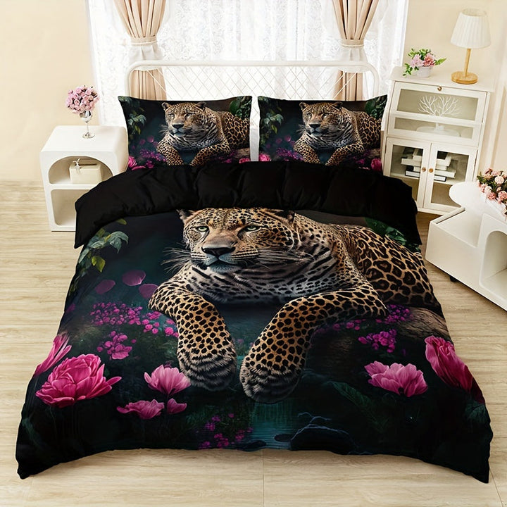 Luxurious Animal Print Bedding Set with Rose Pattern - 3-piece Kalsten