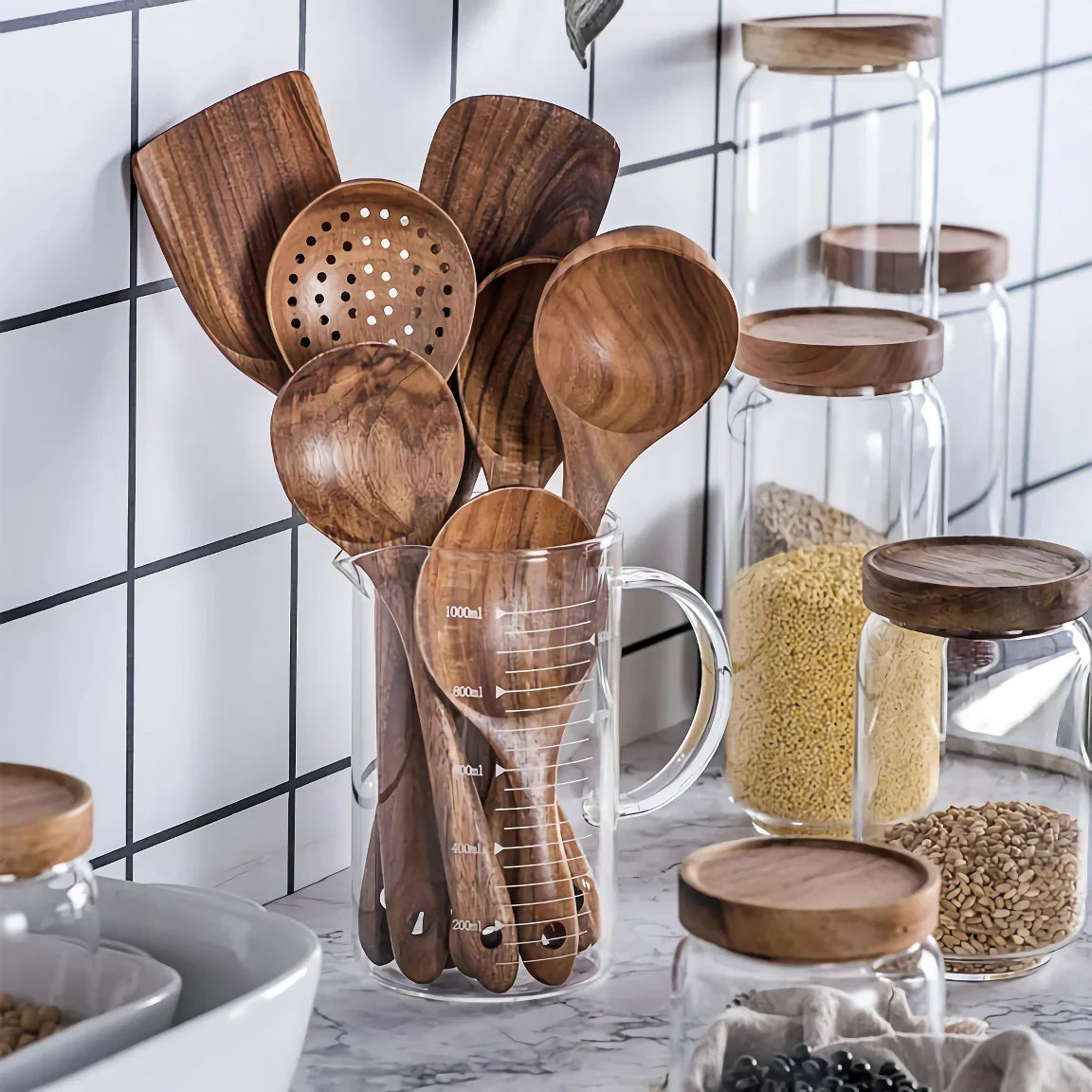 Skanto | Eco-Friendly Teak Wood Kitchen Utensils Set – 7 Piece Kitchen Tool Set