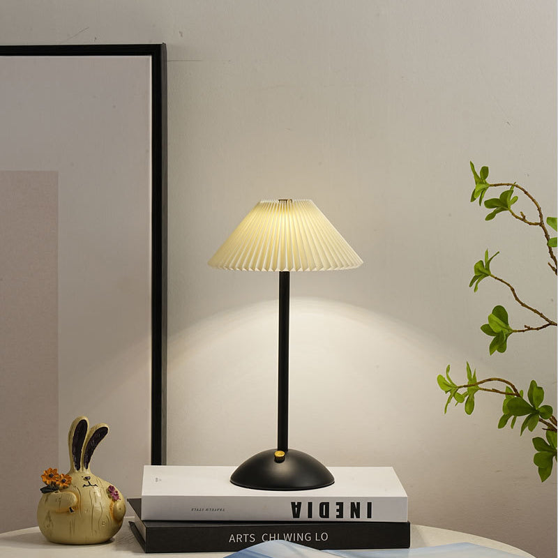 Contemporary Scandinavian rechargeable iron fabric cone pleated LED table lamp for bedside | Kalsten