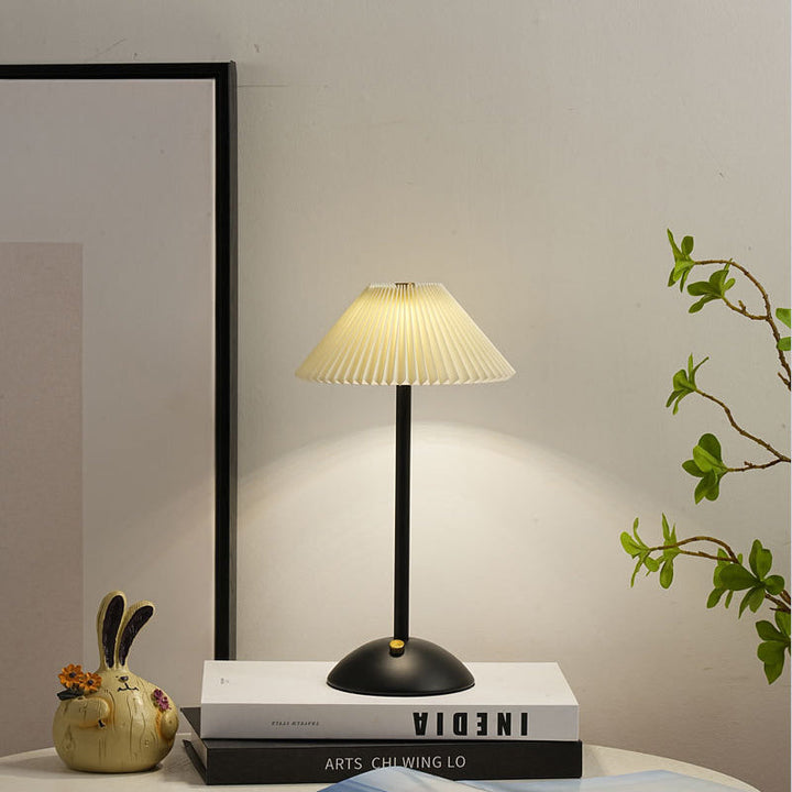 Contemporary Scandinavian rechargeable iron fabric cone pleated LED table lamp for bedside | Kalsten