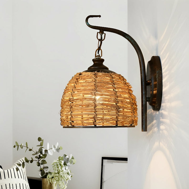 LED Wall Sconce Light – Boho Hand-Woven Rattan Iron (33x20cm / 13.0x8.0in) | Kalsten