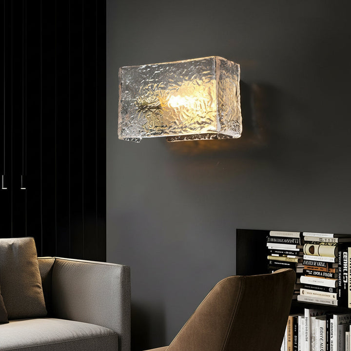 LED Wall Sconce Light – Modern Rectangular Brass Ripple Glass (20x15cm / 7.9x5.9in) | Kalsten
