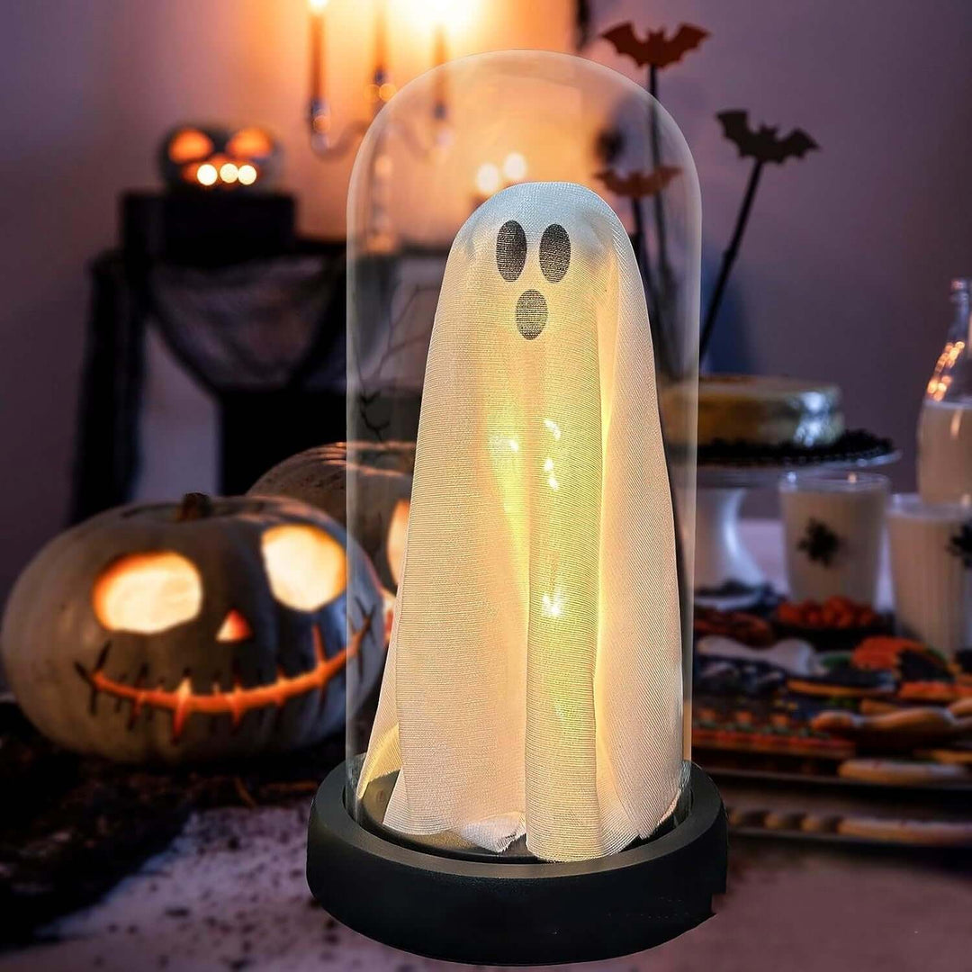 Light Up Ghost In Glass Cloche Light Up Ghost In Glass Clock | Kalsten