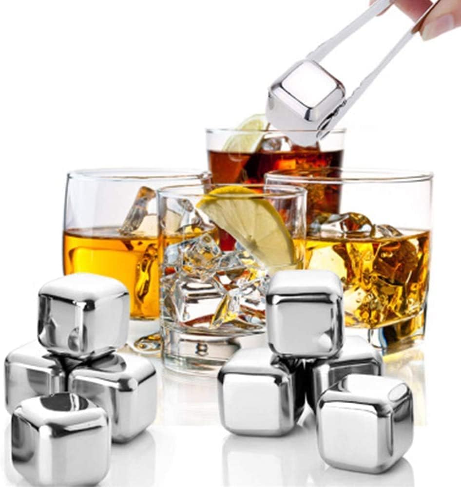 Stainless Steel Ice Cubes, Reusable Ice Cubes Set with Silicone Head Tongs and Ice Cube Trays - Pack of (8) Kalsten