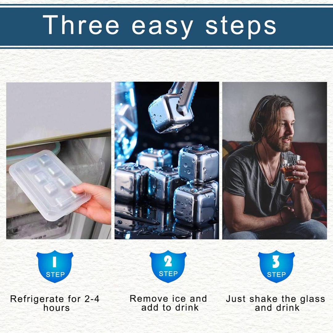 Stainless Steel Ice Cubes, Reusable Ice Cubes Set with Silicone Head Tongs and Ice Cube Trays - Pack of (8) Kalsten