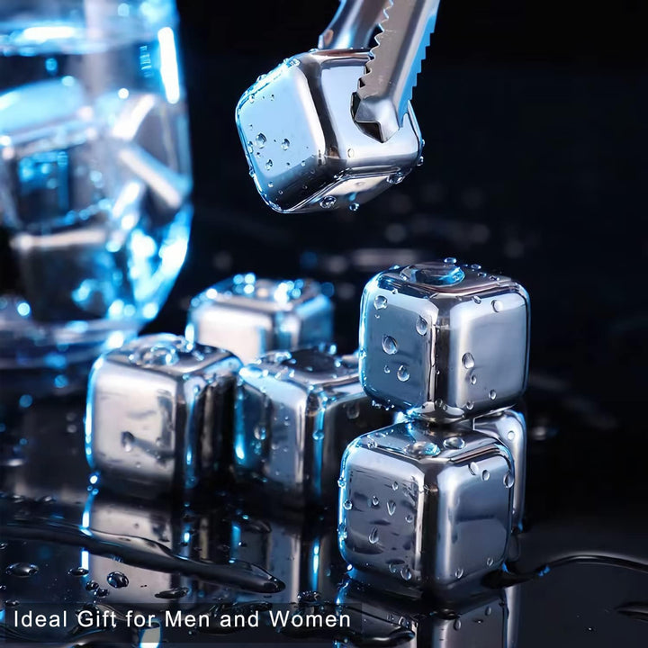 Stainless Steel Ice Cubes, Reusable Ice Cubes Set with Silicone Head Tongs and Ice Cube Trays - Pack of (8) Kalsten