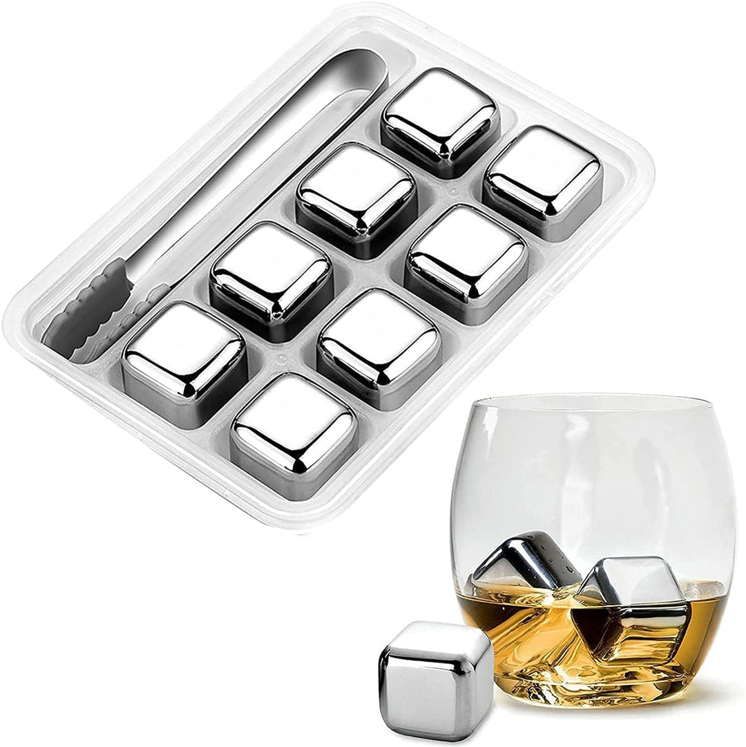 Stainless Steel Ice Cubes, Reusable Ice Cubes Set with Silicone Head Tongs and Ice Cube Trays - Pack of (8) Kalsten