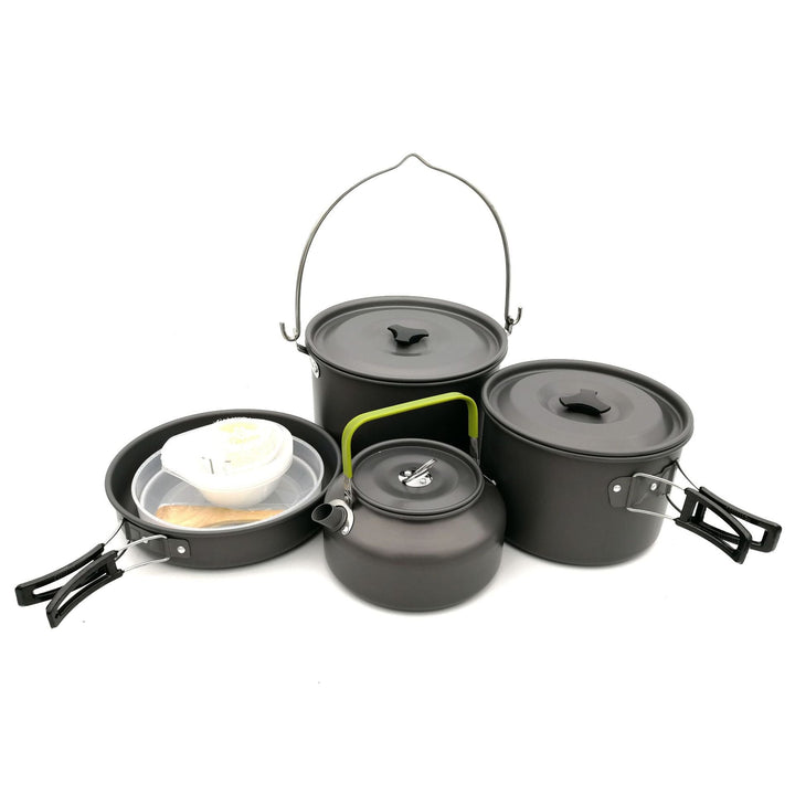 lightweight anodized aluminum camping cookware set with nesting pots kettle folding handles and nonstick interiors Kalsten